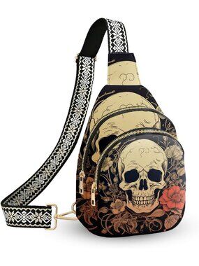 Unisex Gothic Skull Floral Sling Backpack Black Gold Imported Crossbody Bag